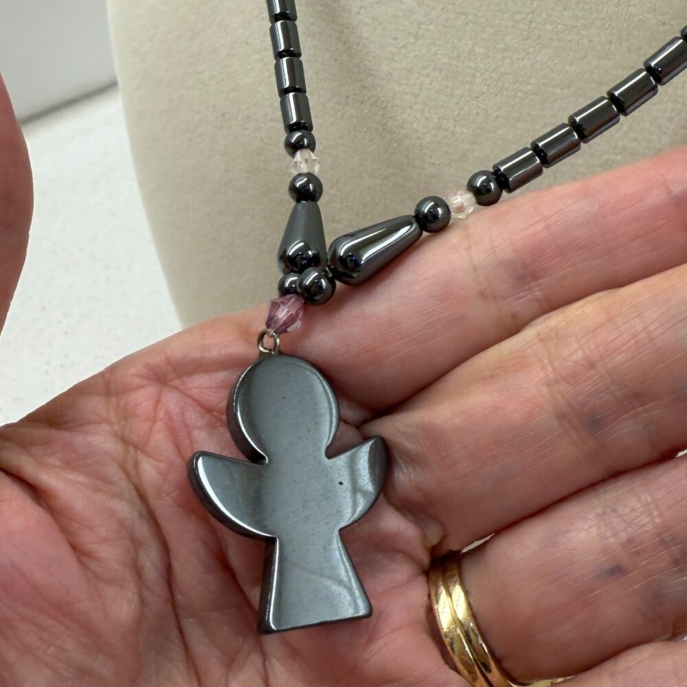 Hematite Beaded Necklace with an Angel Pendant - Picture 5 of 7